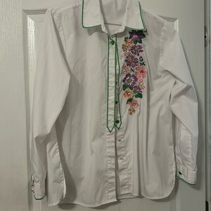 Bob Mackie Wearable Art White Floral Embroidered Long Sleeve Shirt Size L